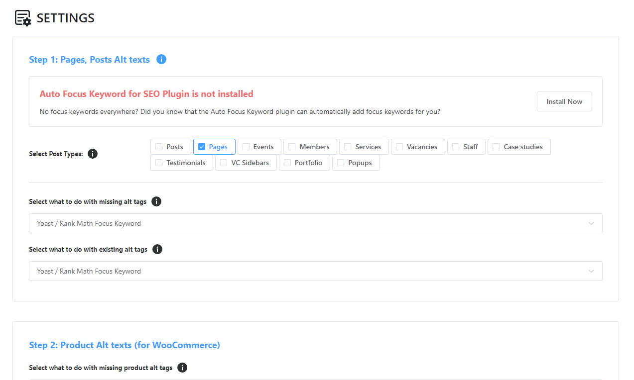 Interface Bialty avec choix des post types et règles d’alt text